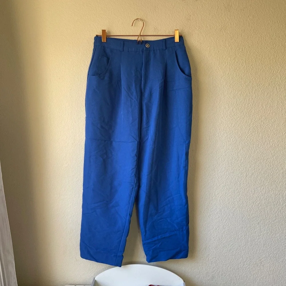 Vintage Royal Blue 2 Piece Set Embroidered Cropped Jacket High Waist Pants‎ M